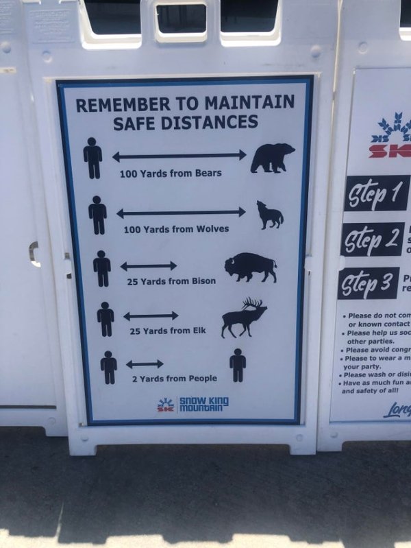 signage - Remember To Maintain Safe Distances > 100 Yards from Bears 100 Yards from Wolves Step 1 Step 2 Step 3 25 Yards from Bison P re 25 Yards from Elk . Please do not com or known contact . Please help us soC other parties. . Please avoid congr . Plea