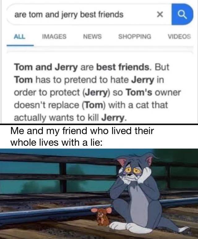 tom and jerry sad - are tom and jerry best friends All Images News Shopping Videos Tom and Jerry are best friends. But Tom has to pretend to hate Jerry in order to protect Jerry so Tom's owner doesn't replace Tom with a cat that actually wants to kill Jer