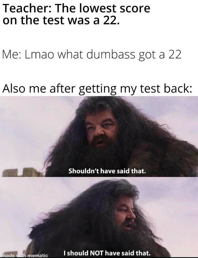 shouldn t have said - Teacher The lowest score on the test was a 22. Me Lmao what dumbass got a 22 Also me after getting my test back Shouldn't have said that. made with mematic I should Not have said that.