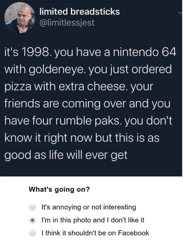 material - limited breadsticks it's 1998. you have a nintendo 64 with goldeneye. you just ordered pizza with extra cheese. your friends are coming over and you have four rumble paks. you don't know it right now but this is as good as life will ever get Wh