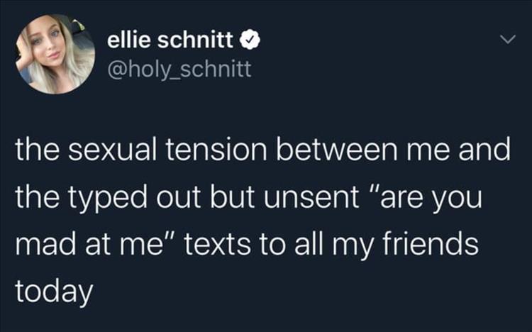 fish crawled staff meetings - ellie schnitt the sexual tension between me and the typed out but unsent "are you mad at me" texts to all my friends today