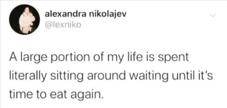 alexandra nikolajev A large portion of my life is spent literally sitting around waiting until it's time to eat again.