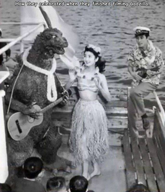 cool random pics - godzilla with guitar - How they celebrated when they finished filming Godzilla.