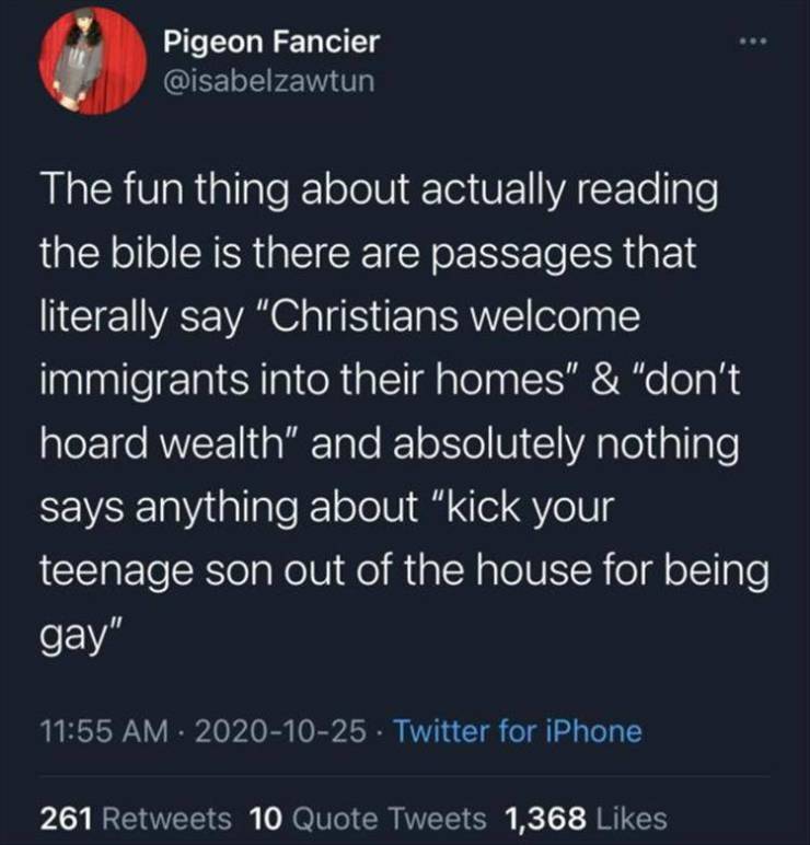 atmosphere - Pigeon Fancier The fun thing about actually reading the bible is there are passages that literally say "Christians welcome immigrants into their homes" & "don't hoard wealth" and absolutely nothing says anything about kick your teenage son ou
