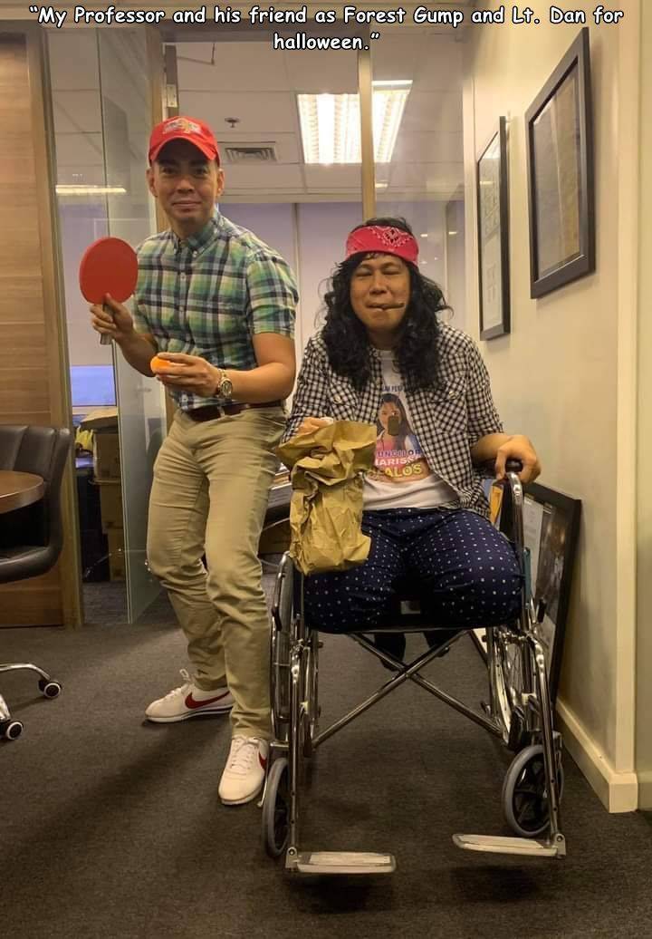 sitting - "My Professor and his friend as Forest Gump and Lt. Dan for halloween."