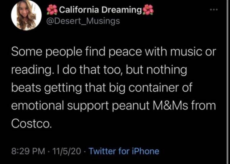 sometimes i feel like i should be contributing more to society fat bottom girls - California Dreaming, Some people find peace with music or reading. I do that too, but nothing beats getting that big container of emotional support peanut M&Ms from Costco. 