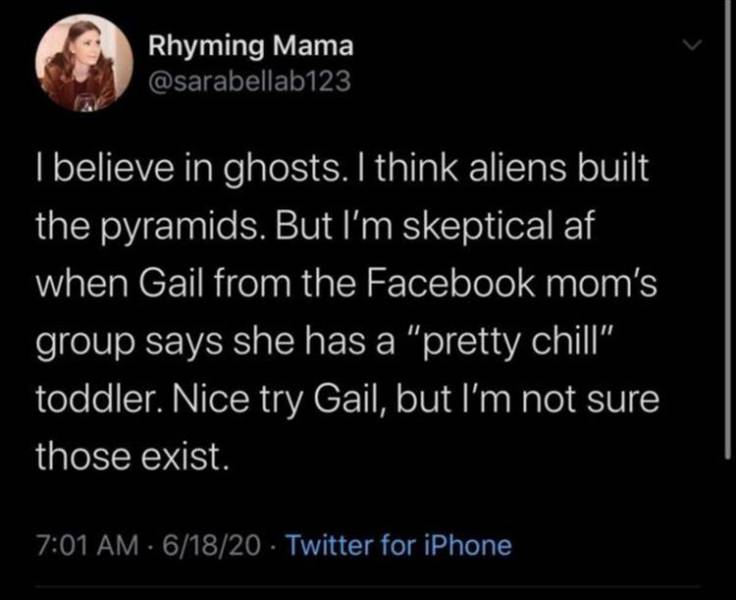 run like an animal - Rhyming Mama I believe in ghosts.I think aliens built the pyramids. But I'm skeptical af when Gail from the Facebook mom's group says she has a "pretty chill" toddler. Nice try Gail, but I'm not sure those exist. 61820 Twitter for iPh