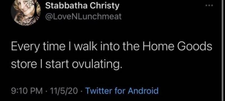 2020 - Stabbatha Christy Every time I walk into the Home Goods store I start ovulating. 11520 Twitter for Android