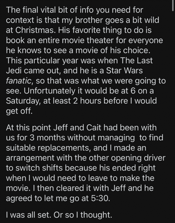 The final vital bit of info you need for context is that my brother goes a bit wild at Christmas. His favorite thing to do is book an entire movie theater for everyone he knows to see a movie of his choice. This particular year was when The Last Jedi came