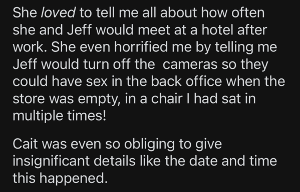 failed co parenting - She loved to tell me all about how often she and Jeff would meet at a hotel after work. She even horrified me by telling me Jeff would turn off the cameras so they could have sex in the back office when the store was empty, in a chai