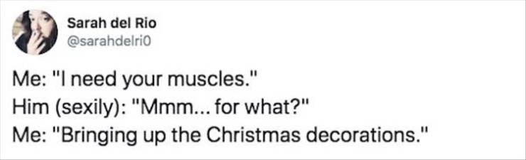 paper - Sarah del Rio Me "I need your muscles." Him sexily "Mmm... for what?" Me "Bringing up the Christmas decorations."