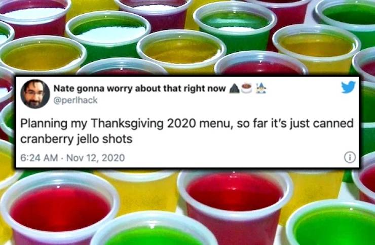 material - Nate gonna worry about that right now Planning my Thanksgiving 2020 menu, so far it's just canned cranberry jello shots .