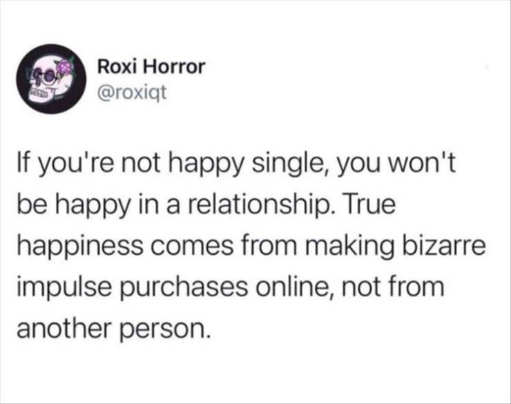 slimecicle meme - Roxi Horror If you're not happy single, you won't be happy in a relationship. True happiness comes from making bizarre impulse purchases online, not from another person.