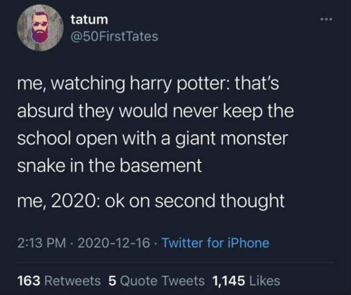 atmosphere - tatum me, watching harry potter that's absurd they would never keep the school open with a giant monster snake in the basement me, 2020 ok on second thought . Twitter for iPhone 163 5 Quote Tweets 1,145