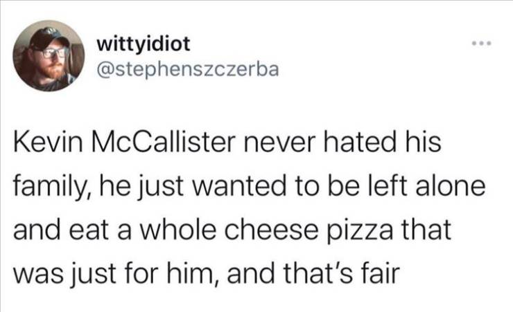 Internet meme - wittyidiot Kevin McCallister never hated his family, he just wanted to be left alone and eat a whole cheese pizza that was just for him, and that's fair