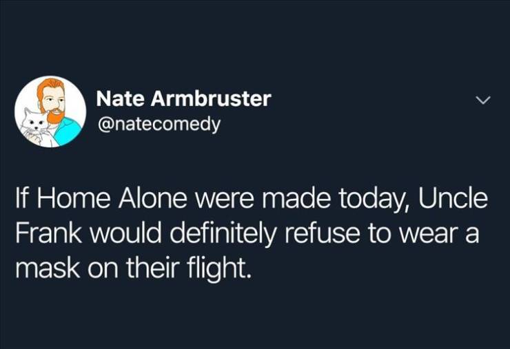 sky - Nate Armbruster If Home Alone were made today, Uncle Frank would definitely refuse to wear a mask on their flight.