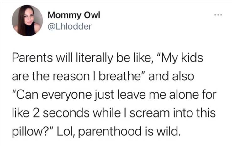 funny text posts - Mommy Owl Parents will literally be , "My kids are the reason I breathe" and also "Can everyone just leave me alone for 2 seconds while I scream into this pillow?" Lol, parenthood is wild.