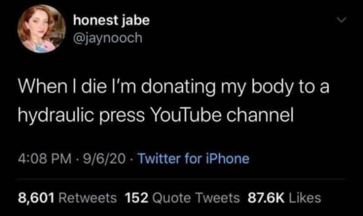 normalize saying i don t know enough - honest jabe When I die I'm donating my body to a hydraulic press YouTube channel 9620 Twitter for iPhone 8,601 152 Quote Tweets