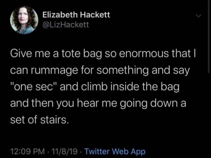 run like an animal - Elizabeth Hackett Give me a tote bag so enormous that | can rummage for something and say "one sec" and climb inside the bag and then you hear me going down a set of stairs. 11819 Twitter Web App