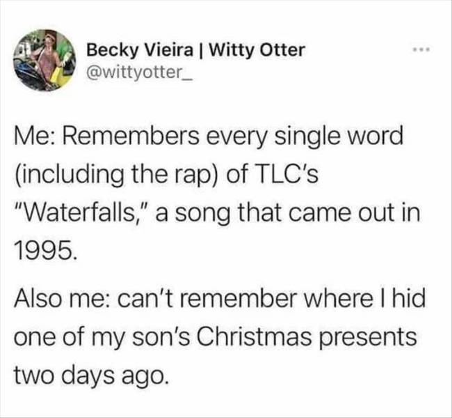paper - Becky Vieira | Witty Otter Me Remembers every single word including the rap of Tlc's "Waterfalls," a song that came out in 1995. Also me can't remember where I hid one of my son's Christmas presents two days ago.