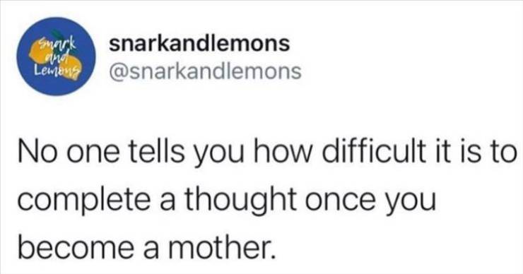 discord april fools idea - mark snarkandlemons Lemans No one tells you how difficult it is to complete a thought once you become a mother.