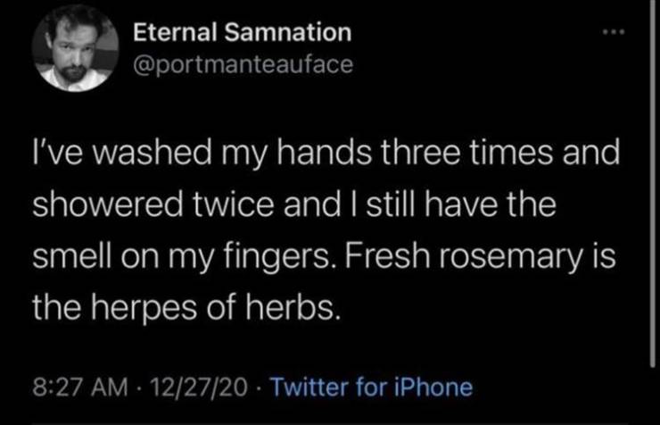 atmosphere - Eternal Samnation I've washed my hands three times and showered twice and I still have the smell on my fingers. Fresh rosemary is the herpes of herbs. 122720 Twitter for iPhone