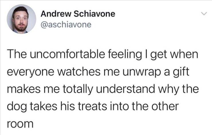 Andrew Schiavone The uncomfortable feeling I get when everyone watches me unwrap a gift makes me totally understand why the dog takes his treats into the other room
