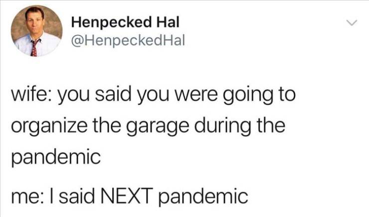 document - Henpecked Hal Hal wife you said you were going to organize the garage during the pandemic me I said Next pandemic