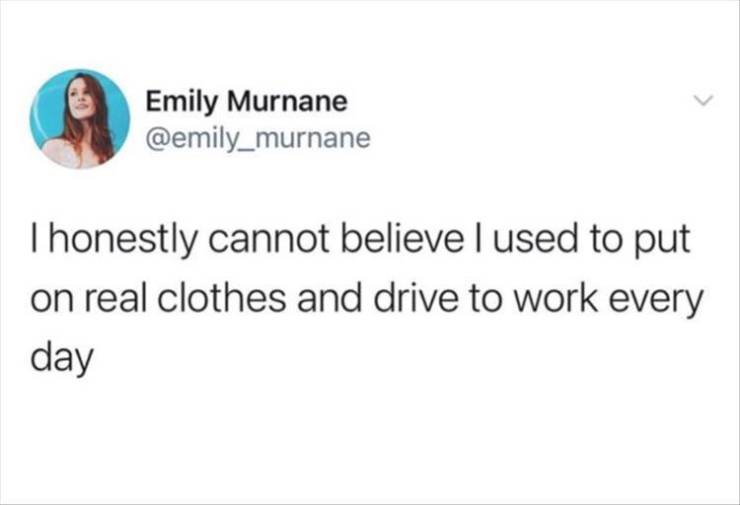toxic trait memes - Emily Murnane I honestly cannot believe I used to put on real clothes and drive to work every day