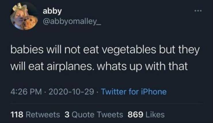 2020 - abby babies will not eat vegetables but they will eat airplanes. whats up with that Twitter for iPhone 118 3 Quote Tweets 869