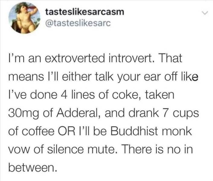i m an extroverted introvert meme - tastesarcasm I'm an extroverted introvert. That means I'll either talk your ear off I've done 4 lines of coke, taken 30mg of Adderal, and drank 7 cups of coffee Or I'll be Buddhist monk vow of silence mute. There is no 