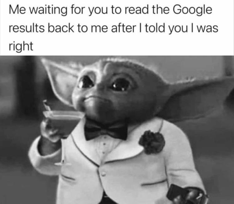 baby yoda 007 - Me waiting for you to read the Google results back to me after I told you I was right