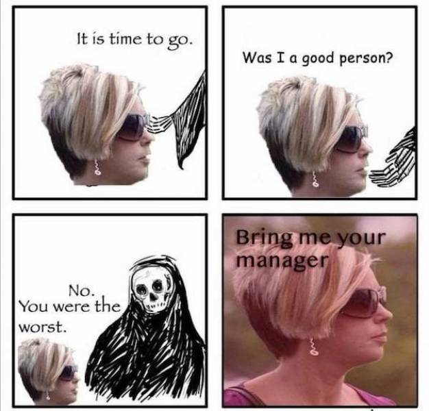karen memes - It is time to go. Was I a good person? Bring me your manager No. You were the worst.