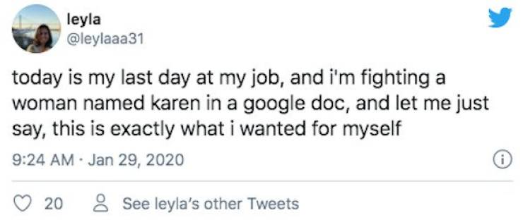 alexa play tweets - leyla today is my last day at my job, and i'm fighting a woman named karen in a google doc, and let me just say, this is exactly what i wanted for myself 20 8 See leyla's other Tweets