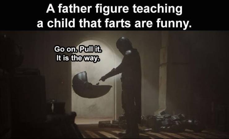 photo caption - A father figure teaching a child that farts are funny. Go on. Pull it. It is the way