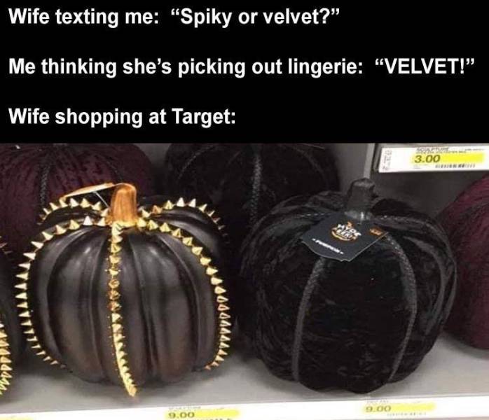 handbag - Wife texting me "Spiky or velvet?" Me thinking she's picking out lingerie "Velvet!" Wife shopping at Target 3.00 Ceri 9.00 0.00