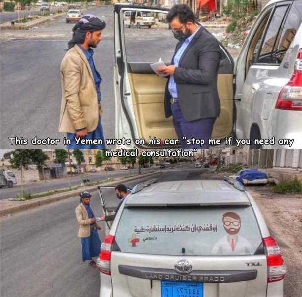 This doctor in Yemen wrote on his car "stop me if you need any medical consultation" Land Cruiser Prado