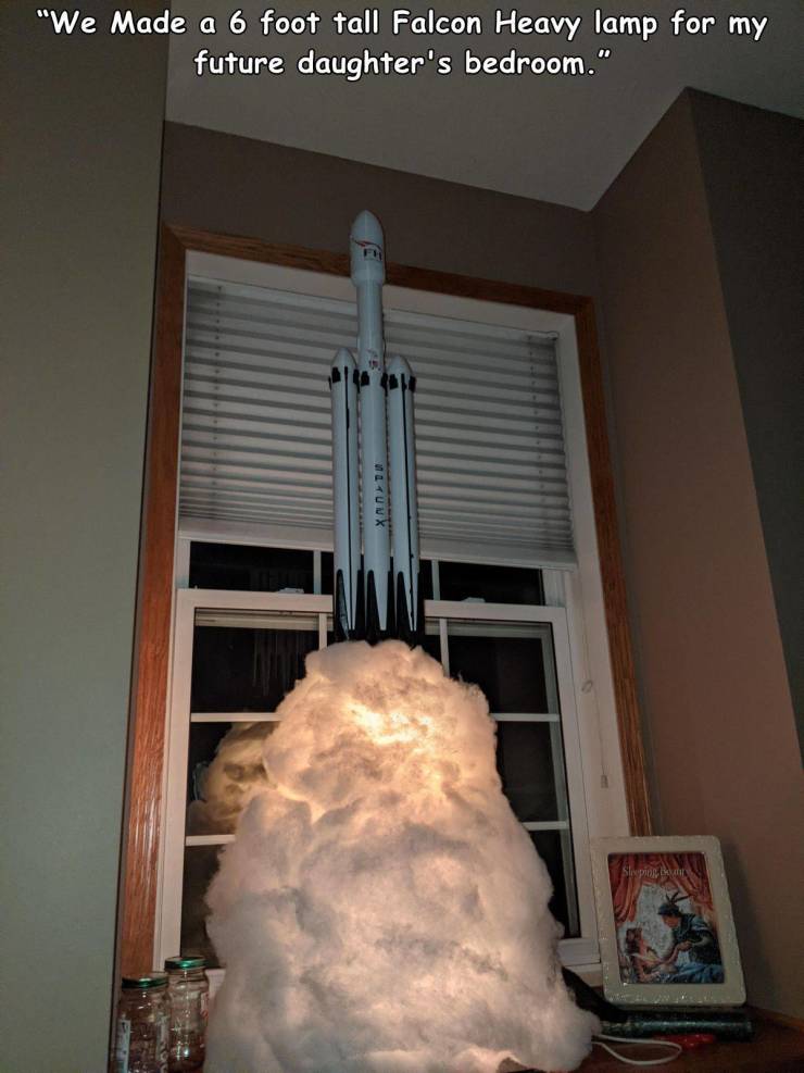 room - "We Made a 6 foot tall Falcon Heavy lamp for my future daughter's bedroom." Fi
