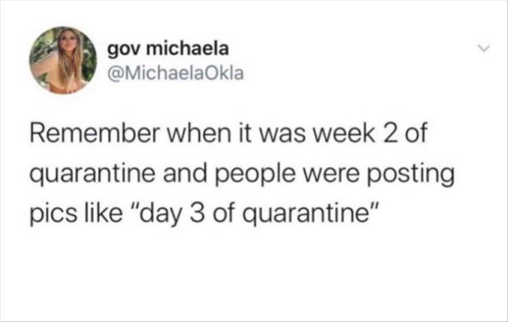 paper - gov michaela Remember when it was week 2 of quarantine and people were posting pics "day 3 of quarantine"