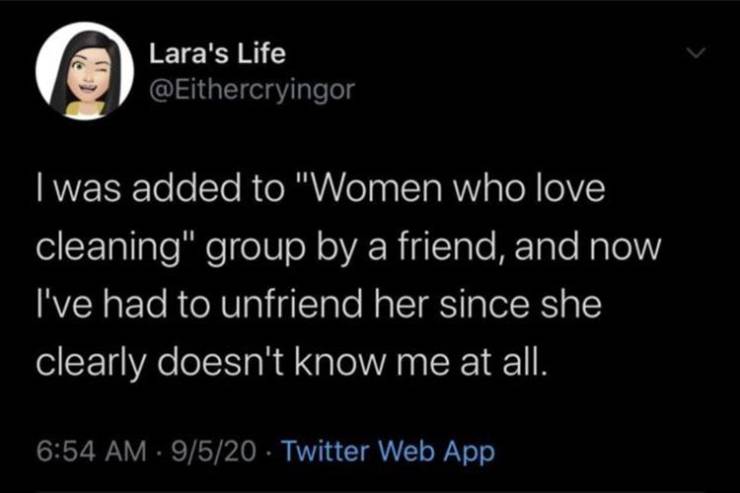 jamie riley tweets - Lara's Life I was added to "Women who love cleaning" group by a friend, and now I've had to unfriend her since she clearly doesn't know me at all. 9520 Twitter Web App