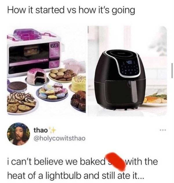 easy bake oven treats - How it started vs how it's going 230 Cage thao i can't believe we baked with the heat of a lightbulb and still ate it...