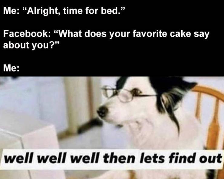 well well well then lets find out - Me Alright, time for bed." Facebook "What does your favorite cake say about you? Me well well well then lets find out