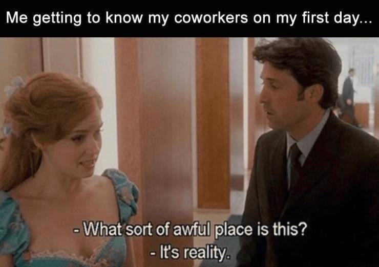 enchanted 2007 quote - Me getting to know my coworkers on my first day... What sort of awful place is this? It's reality.