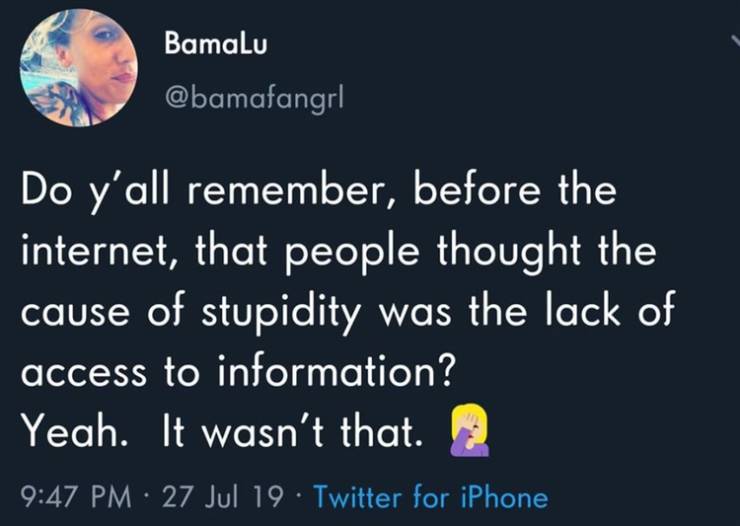 sky - Bamalu Do y'all remember, before the internet, that people thought the cause of stupidity was the lack of access to information? Yeah. It wasn't that. 27 Jul 19 Twitter for iPhone