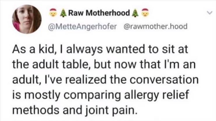 rage against the machine meme toaster - Raw Motherhood 4 .hood As a kid, I always wanted to sit at the adult table, but now that I'm an adult, I've realized the conversation is mostly comparing allergy relief methods and joint pain.