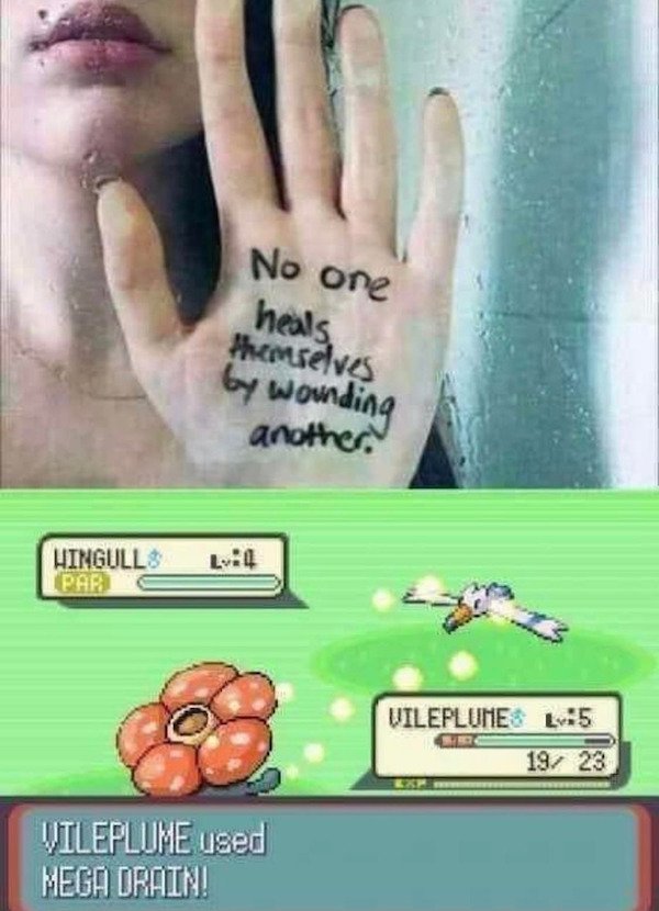 funny gaming memes - pokemon absorb meme - No one heals, themselves by wounding another. Hingulls Par Vileplumes L5 19 23 Vileplume used Mega Drain!