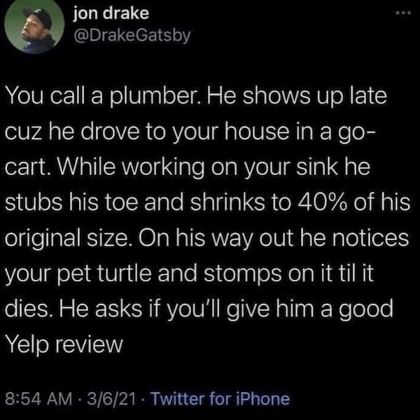 funny gaming memes - Psychology - jon drake You call a plumber. He shows up late cuz he drove to your house in a go cart. While working on your sink he stubs his toe and shrinks to 40% of his original size. On his way out he notices your pet turtle and st