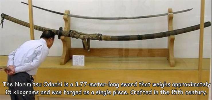 giant japanese sword - The Norimitsu Odachi is a 3.77meterlong sword that weighs approximately 15 kilograms and was forged as a single piece. Crafted in the 15th century.