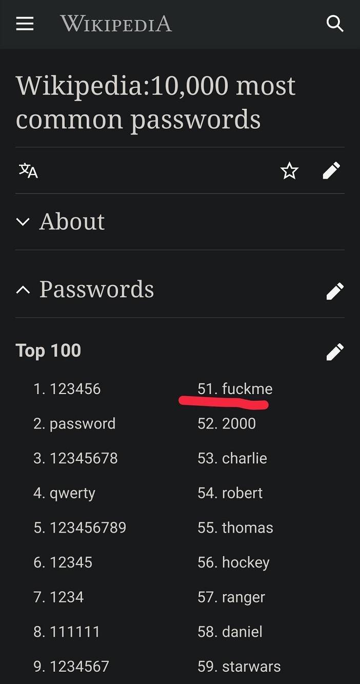 screenshot - Wikipedia Q Wikipedia10,000 most common passwords About ^ Passwords Top 100 1. 123456 51. fuckme 2. password 52. 2000 3. 12345678 53. charlie 4. qwerty 54. robert 5. 123456789 55. thomas 6. 12345 56. hockey 7. 1234 57. ranger 8. 111111 58. da