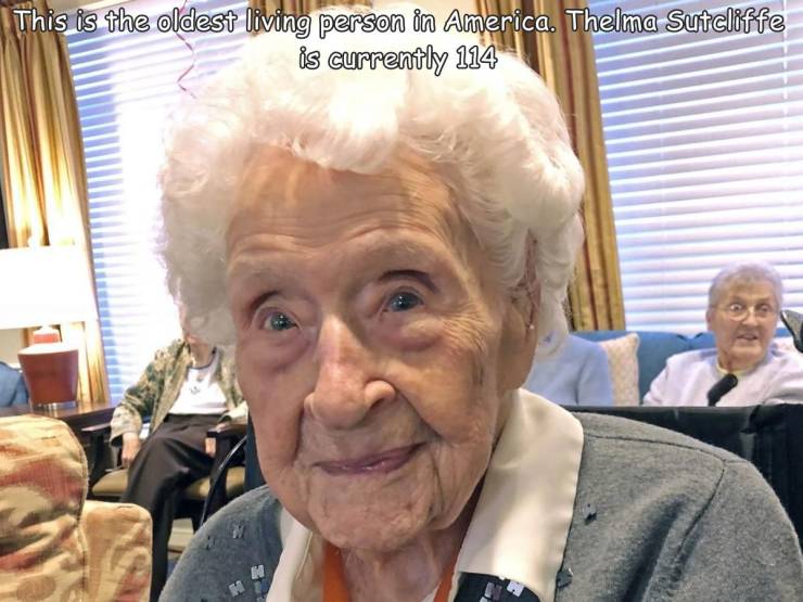 senior citizen - This is the oldest living person in America. Thelma Sutcliffe is currently 114